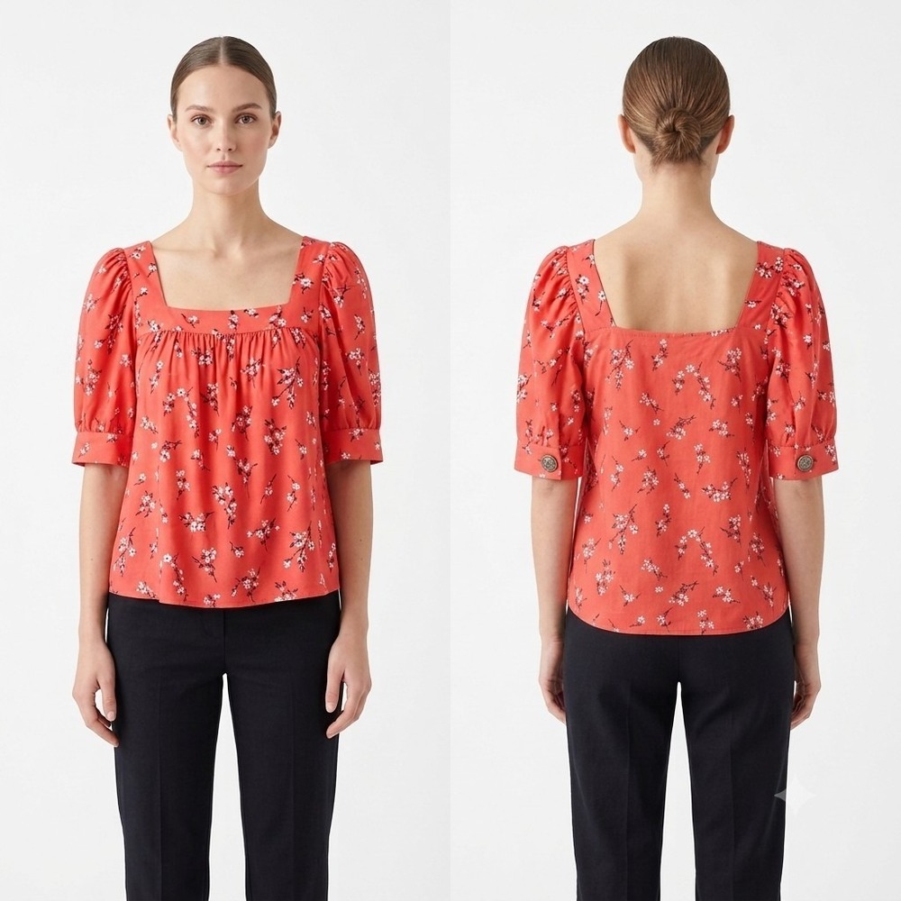 Ann Taylor Blouse Puff Short Sleeve Square Neck Top Orange Floral Small Petite